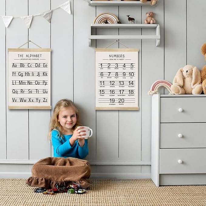 Alphabet and Numbers Wall Chart Set of 2 ,Kids Educational Posters,ABC and 1-20 Number Learning Banners for Toddlers, Preschool Classroom, Homeschool, Nursery, Playroom Decor 14 x 18.5 Inch (Black)
