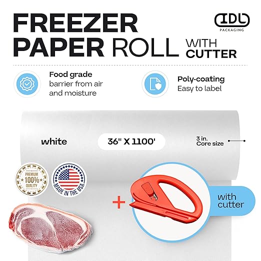 White Freezer Paper 36" x 13200" (1100 feet) with Cutter - USA-made Large Freezer Paper Roll for Meat & Fish - Poly-Coated Food Wrapping Material for Freezing by IDL Packaging