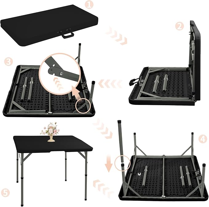 34" Square Folding Table,Multi-Functional Portable Folding Card Table with Carrying Handle for Indoor Outdoor Camping,Picnic, Office, Party Use, HDPE Plastic Tabletop with Metal Frame(Black)