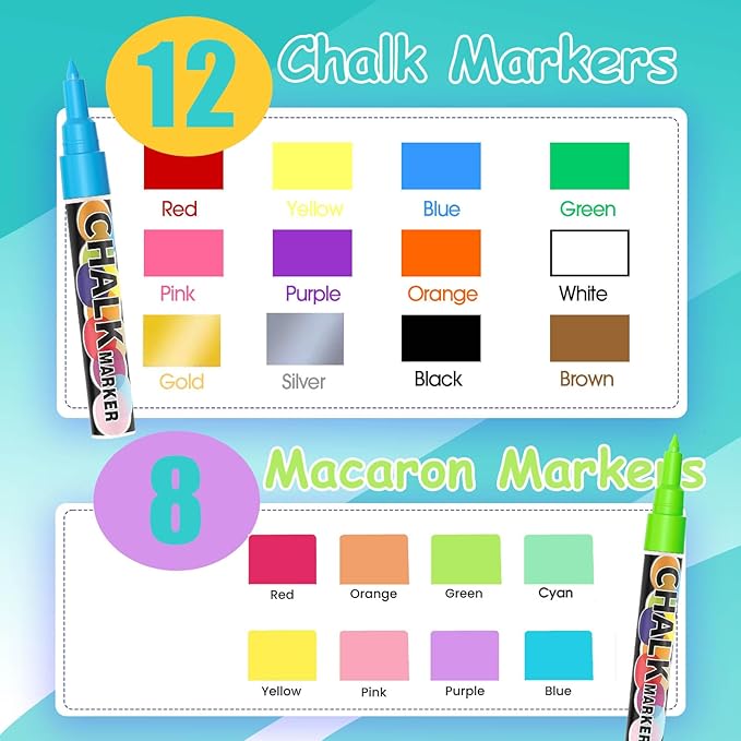 Extra Fine Tip Liquid Chalk Markers for Chalkboard, 20 Colors Window Liquid Chalk Marker Pens with 1mm Fine Tips, Washable Erasable Wet Erase Marker Pens Set for Bistro, Car Glass, Poster, Blackboard