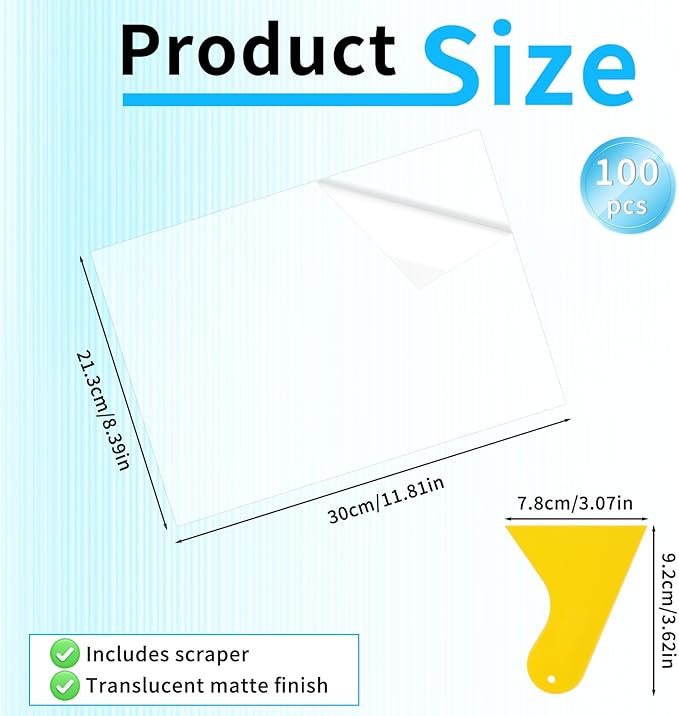 100 Pack Matte Self Adhesive Laminating Sheets, Clear Laminating Sheets Holographic Sticker Paper Clear Vinyl, Matte Finish Self Sealing Lamination Sheet, with Scraper, 8.38" x 11.8"