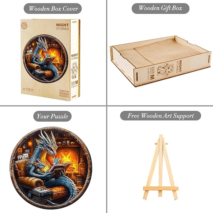 KAAYEE Wooden Puzzles for Adults, 3D Visual Effect Dragon Family Night Reading Wooden Jigsaw Puzzle Unique Shape Wood Puzzle Adult, 3D Effect Flat Puzzle Birthday Family Games (S-8.5 * 8.5 in-95pcs)