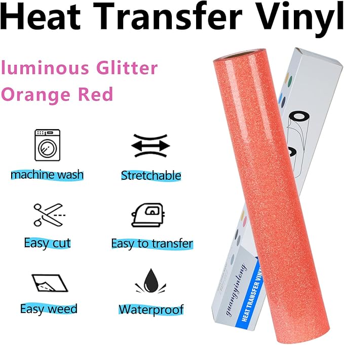 guangyintong Glow Glitter Orange Red Heat Transfer Vinyl HTV Rolls, 12" x 8ft Iron on Vinyl for T-Shirts, Glitter HTV Vinyl for All Cutter Machines Easy to Cut & Weed for DIY Design