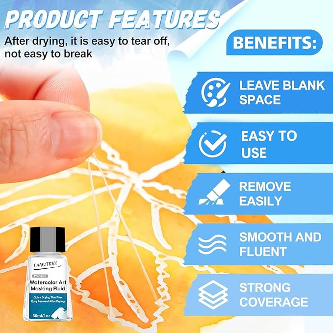 Watercolor Masking Fluid, Liquid Masking for Painting Watercolor Accessories with Silicone Pen Cleaning Brush Retouching and Covering for Painting and Various Art Projects Supplies,White 30ml