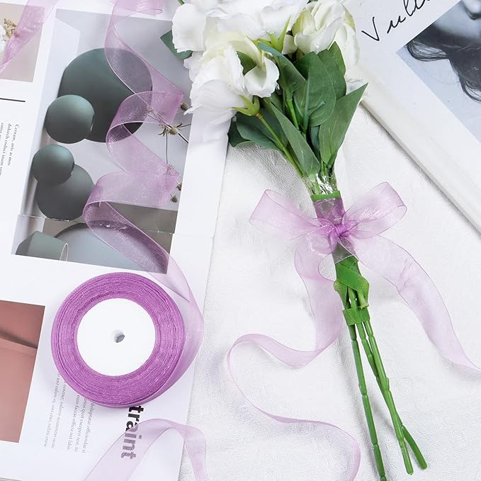 Ribbon for Gift Wrapping 3/4 inch Lavender Sheer Organza Ribbon for Flower Bouquet Tulle Thin Chiffon Ribbons for Wedding Invitations Christmas Halloween Presents Decorations Crafts 50 Yards