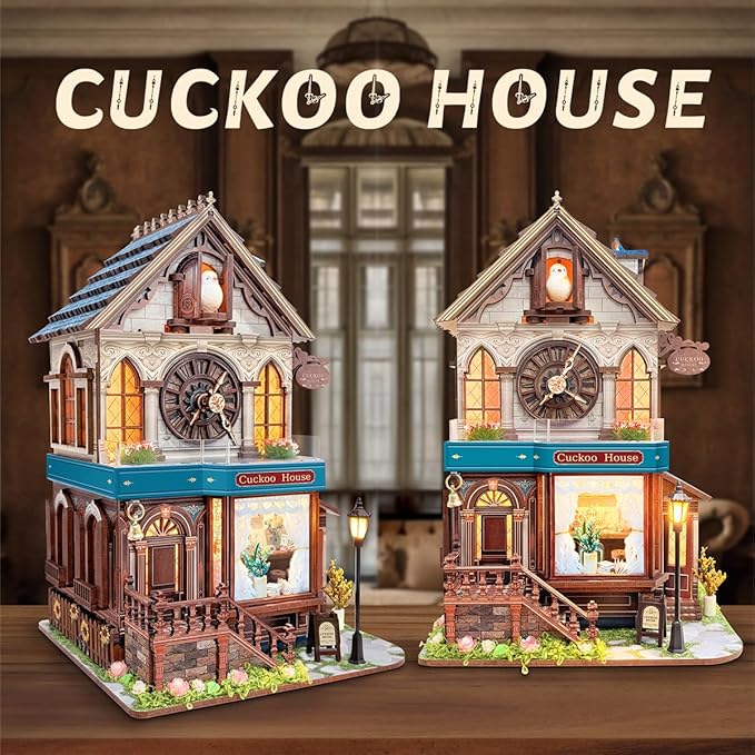 3D Wooden Puzzles - Miniature Cuckoo Clock House Kit, DIY Wooden Building Set for Adults and Teens, Mini Model Kit with 3-Mode Touch Switch - Cuckoo House (SQ-61)