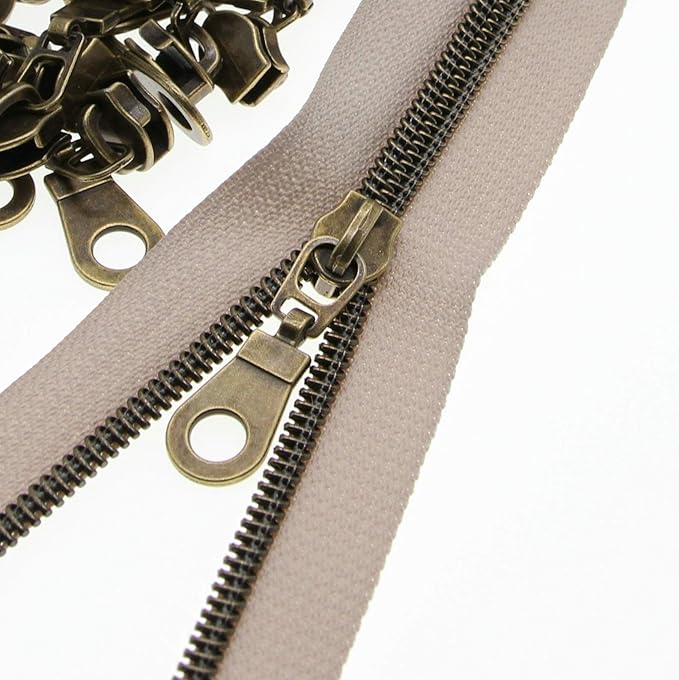 Leekayer #5 Antique Brass Teeth Metallic Nylon Coil Zippers by The Yard Bulk 10 Yards Beige Tape with 25pcs Brass Sliders for DIY Sewing Tailor Craft Bag(Beige)
