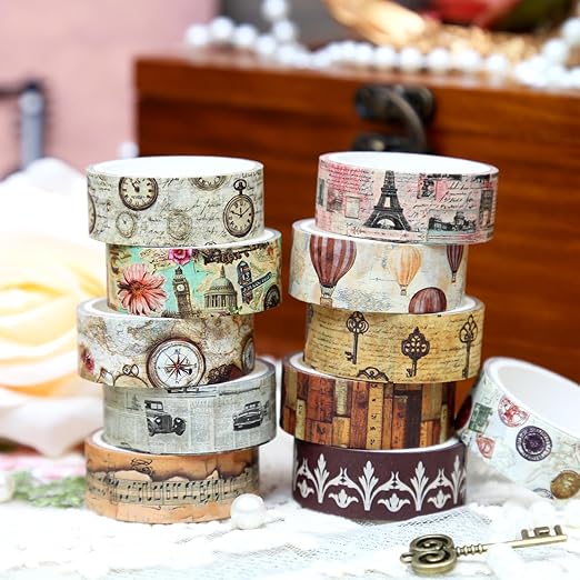 Washi Tape Set 16 Rolls, Decorative Tape, Vintage Washi Tape, Craft Tape, Scrapbook Tape, Washi Tape for Journaling, Washy Tape, Travel Washi Tapes