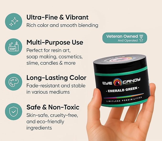 Eye Candy Pigments Premium Green Mica Powder - Emerald Green (50gr) - for Epoxy, Resin, Soap, Paint, Woodworking, Acrylic Pouring, Bath Bombs, Fishing Lures - DIY Arts and Crafts Additive