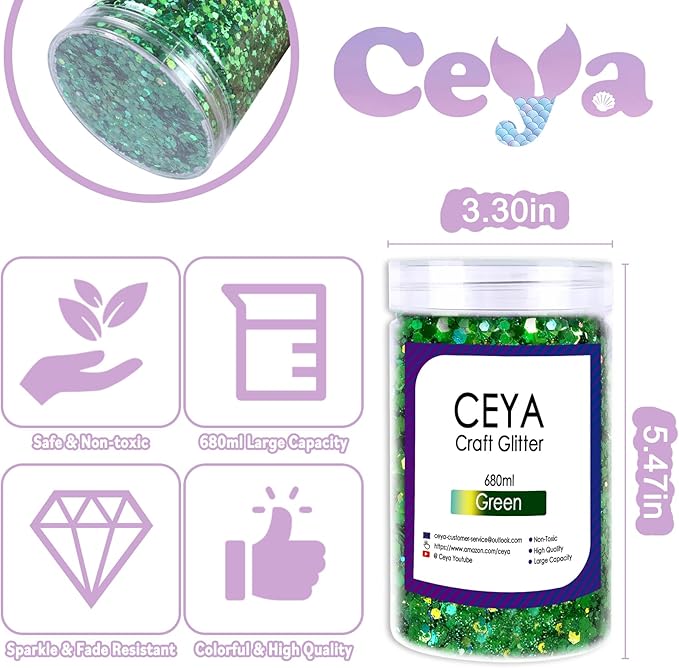 Ceya Holographic Chunky Glitter, 1 LB/ 16OZ Laser Green Bulk Craft Glitter Mixed Chunky Fine Glitter Bottled Metallic Flake Nail Sequins for Resin, Tumblers, Scrapbooking, Festival Decor, Art Project