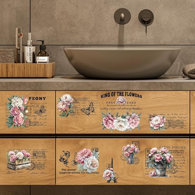 GLOBLELAND 3 Sheets Vintage Pink Peony Background Furniture Transfer 6x12inch Retro Romance Text Rub on Transfer Self-Adhesive Wall Art Decals for Bedroom Living Room Desk Table Decoration