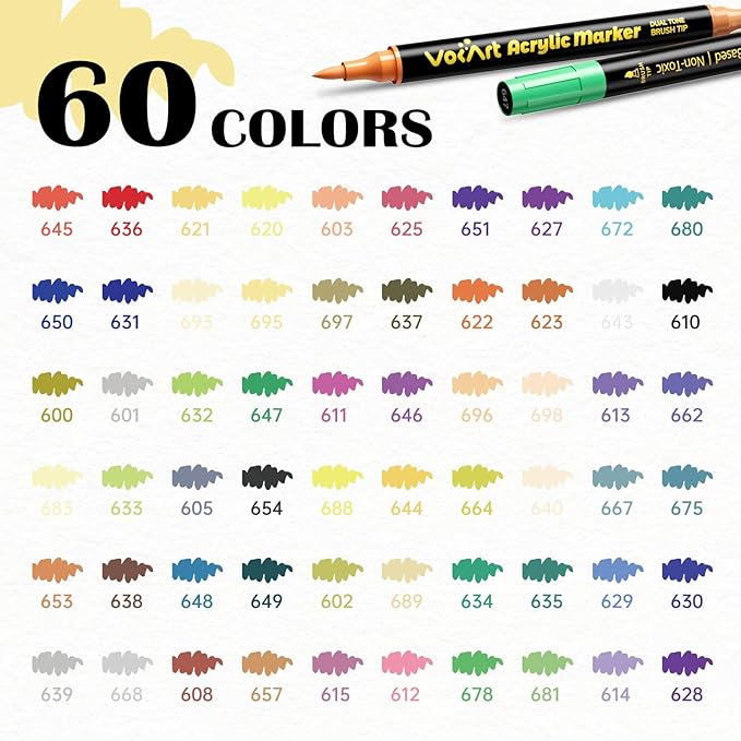 VOKART 60 Colors Acrylic Paint Markers - 30 Dual Brush Tip Paint Pens Including 2 Metallic Colors for Rock, Canvas, Fabric, Wood, Glass, Ceramic - Art Supplies for Artists, Kids, DIY & Holiday Decor