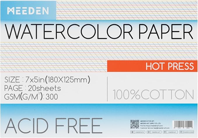 MEEDEN Watercolor Paper Block, 100% Cotton Watercolor Paper Pad of 20 Sheets, 140lb/300gsm, Acid-Free Art Paper for Watercolor, Gouache, Ink and More, 5" x 7" Hot Press