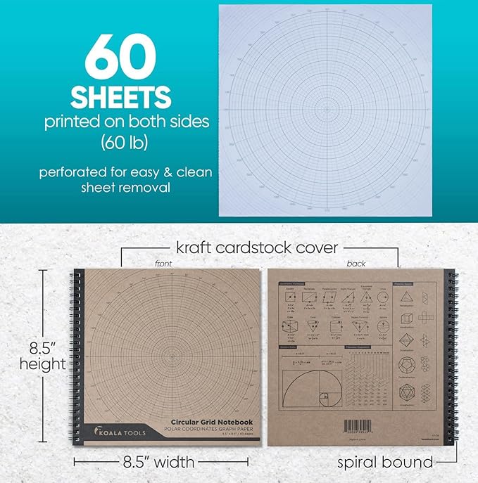 KOALA TOOLS - Circular Grid Sketchbook with Polar Coordinate Graph Paper, Polar Grid for Circular Designs, Mandala, and Geometric Patterns, 8.5 x 8.5 inches, 60 pages - Pack of 1