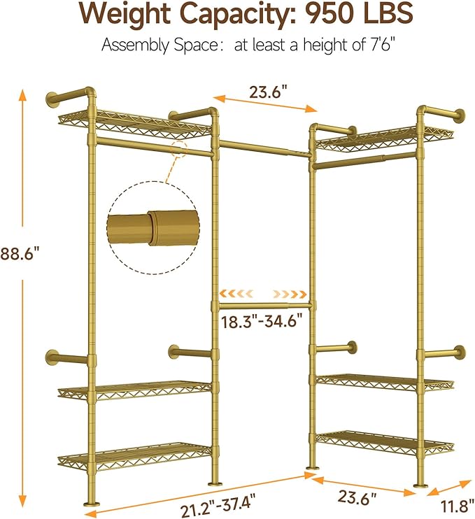 L3 Industrial Pipe Closet Organizer System, Wall Mounted Clothes Rack Clothing Racks with 4 Telescopic Rods & 6 Shelves , Heavy Duty Closet System in Wardrobe Closet (Gold)