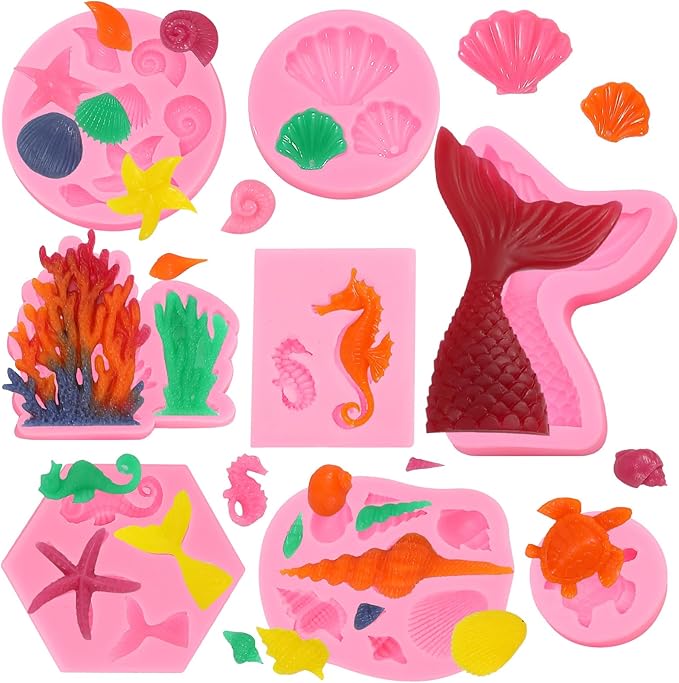 Mermaid Theme Cake Mold, Mermaid, Shell, Seaweed, Coral Silicone Mold Cupcake Toppers Mold for Candy,Chocolate,Fondant,Polymer Clay,Crafting Projects & Cake Decoration