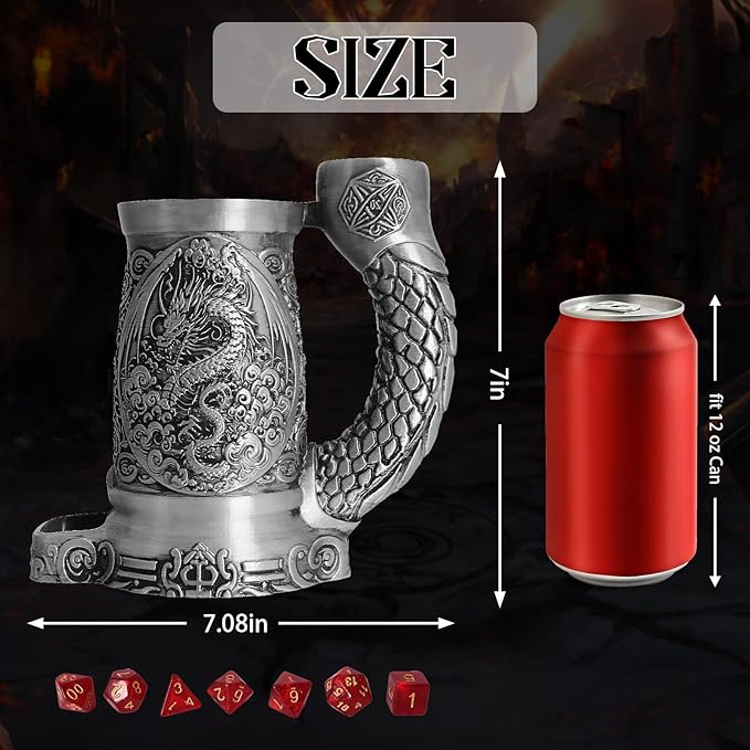 Dice Tower Mug, Dice Rolling Tower, Comes with 7 PCS Dice Set, Suitable for DND Dungeons and Dragons, Tabletop Games, Available As Drink Holder, D&D Gifts, DND Accessories (Silver-Dragon)