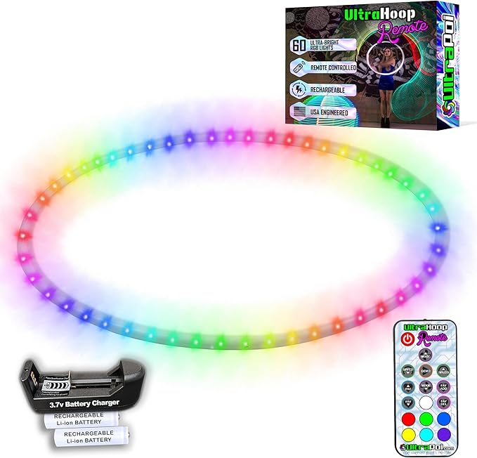 UltraHoop Remote LED Hoop - Wireless Control 60 Color Changing LED Lights w/ 300+ Modes & Patterns - Rechargeable Battery, HDPE Collapsible, Advanced to Beginner Hoola Hoops - 30” x 5/8" OD - UltraPoi