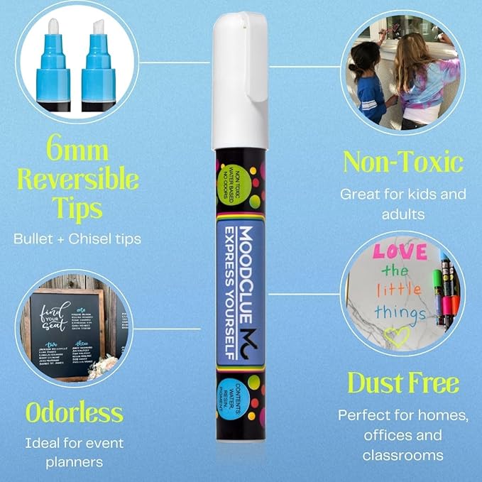 Liquid Chalk Markers Neon 12 Pack. Bold Wet & Dry Erase Marker Pens. Erasable and Washable Chalkboard Markers for Windows, Mirrors, Glass, Whiteboards. Reversible Thick and Fine Tip.