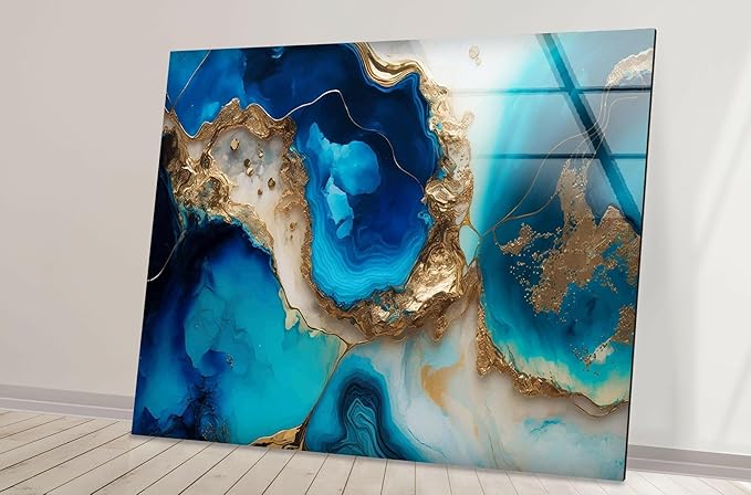 My Photostation.com 35.5Wx30H'' Blue Alcohol ink Glass Wall ArtTempered Glass Printing Wall Decor Large Wall Art Wall Hangings