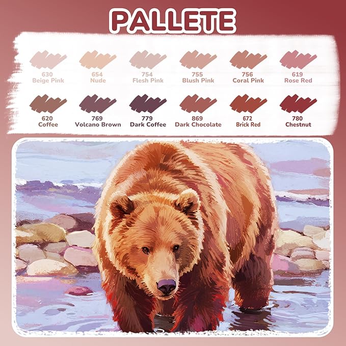 Guangna 12 Red Brown Dual Tip Acrylic Paint Markers, Brush Tip & Chisel Tip Acrylic Paint Pens for Rock, Wood, Glass, Paper, Coloring Book, Ceramic, Canvas, Water-Based Ink