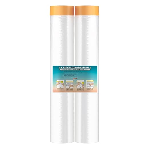 LLPT Tape and Drape 157.5”(Unfolded) x 66 Ft Each 2 Pack Pre-Taped Masking Film 0.27 Mil Painters Plastic Drop Cloth for Auto Wall Furniture Painting Protection (MFT4002)