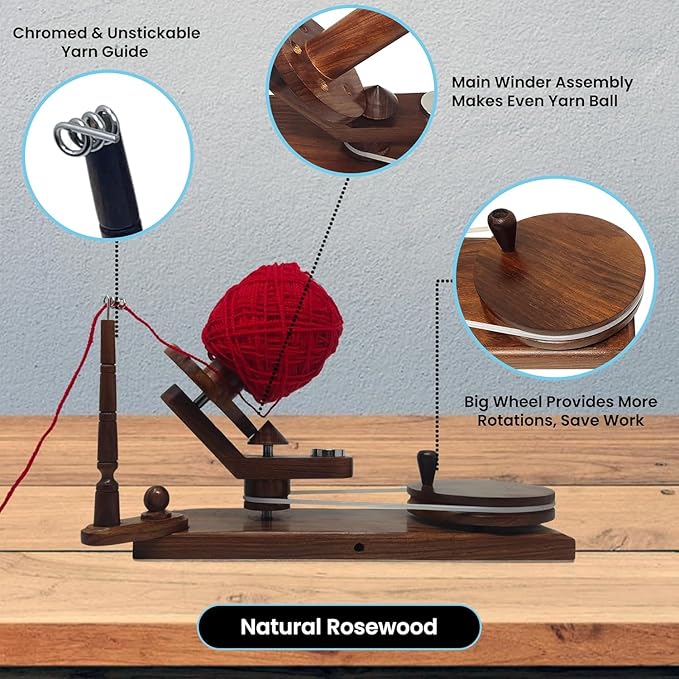 Bhartiya Handicrafts Rosewood Yarn Winder | Large Capacity 10 oz Wooden Yarn Winder for Knitting, Crocheting and Weaving | Table Top Wood Yarn Swift and Ball Winder