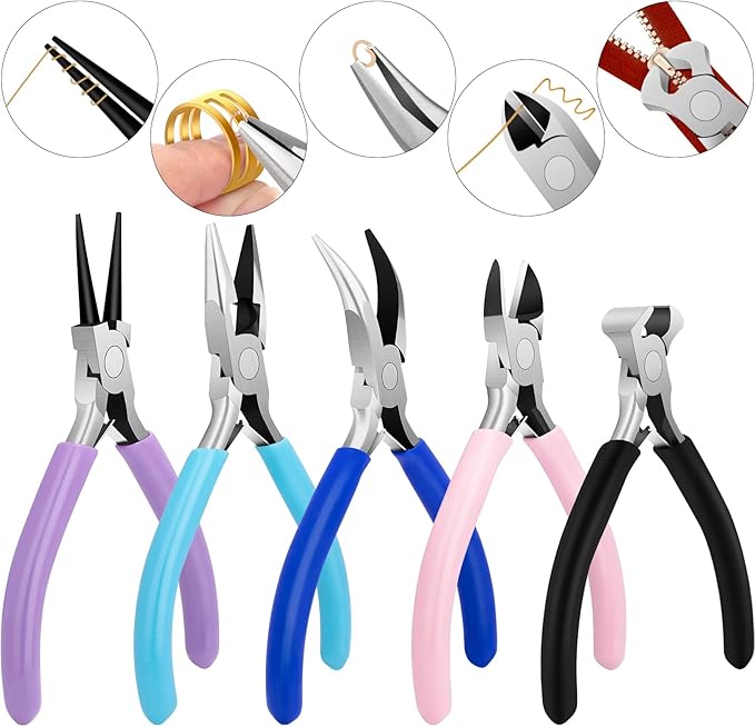 5 Pack Jewelry Pliers Tool Set, Includes Round, Chain, Needle, Bent & Zipper Pliers for Repair, Wire Wrapping & Crafts