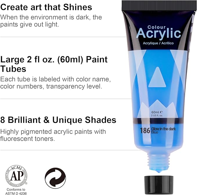 AUREUO Glow in the Dark Acrylic Paint, 8 Colors x 2 Fl Oz / 60ml Neon UV Black Light Paints for Halloween, Rocks, Wood, Craft, Canvas, Paint Party Supplies
