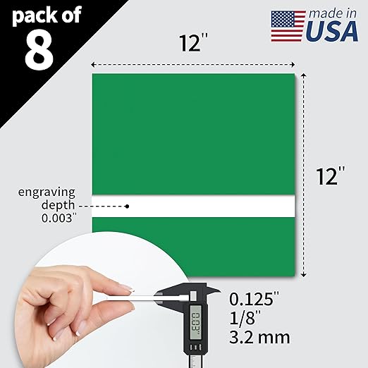 Trotec TroLase | 12"x12"x1/8", 8 Pcs | Bright Green/White | 2 Ply | Modified Acrylic | Laser Engraving Double Color Plastic Sheet | Engraving Blanks for Laser, Saw, Guillotine | Made in USA