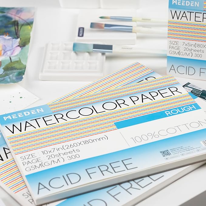 MEEDEN Watercolor Paper Block, 100% Cotton Watercolor Paper Pad of 20 Sheets, 140lb/300gsm, Acid-Free Art Paper for Watercolor, Gouache, Ink and More, 10" x 7" Rough Grain