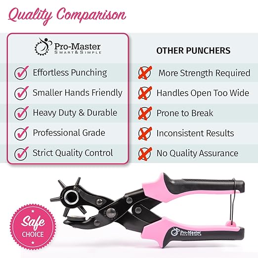 Precision Leather Hole Punch Tool, Best for Belts, Fabric, Leather (Up to 5mm Thick), Multi-Size Puncher for DIY, Craft & Home Projects, Comfortable for Smaller Hands with Reduced Handle Spread, Pink