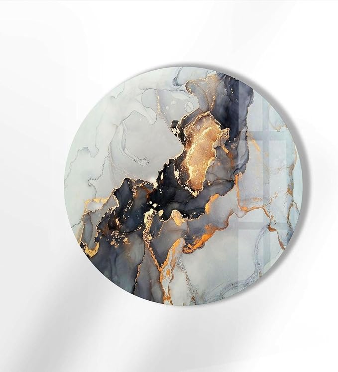 My Photostation.com 39,4''(100cm) Diameter Gold Details Gray Marble Round Glass Wall Art Tempered Glass Printing Wall Decor Large Wall Art Wall Hangings