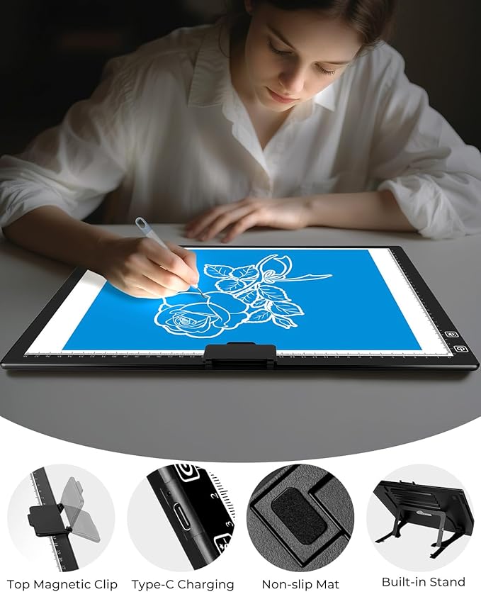 Bylitodt Rechargeable A3 Light Pad, Diamond Art Light Board, Lightbox for Tracing and Drawing with 3 Colors & 6 Brightness, Tracing Pad for Weeding Vinyl, Sketching, Diamond Painting Accessories