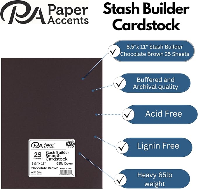 PA Paper Accents Stash Builder Cardstock 8.5" x 11" Chocolate Brown, 65lb colored cardstock paper for card making, scrapbooking, printing, quilling and crafts, 25 piece pack