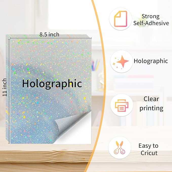 Printable Sticker Paper, 20 Sheets Printable Holographic Star Sticker Paper, Laser/Inkjet Printing- Holographic, Letter Size (8.5" x 11")