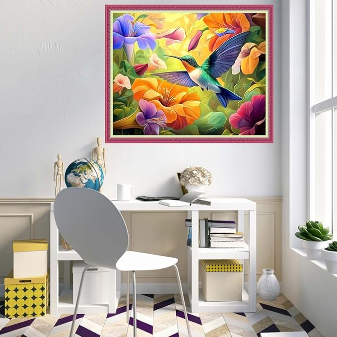 Disnesart Cross Stitch Stamped Full Embroidery Kits DIY 11CT Cotton Thread Printed DIY Needlepoint Kits Craft Needlework Set Cross-Stitch Stamped Sets-Colorful Flower Hummingbird 16x20 inch