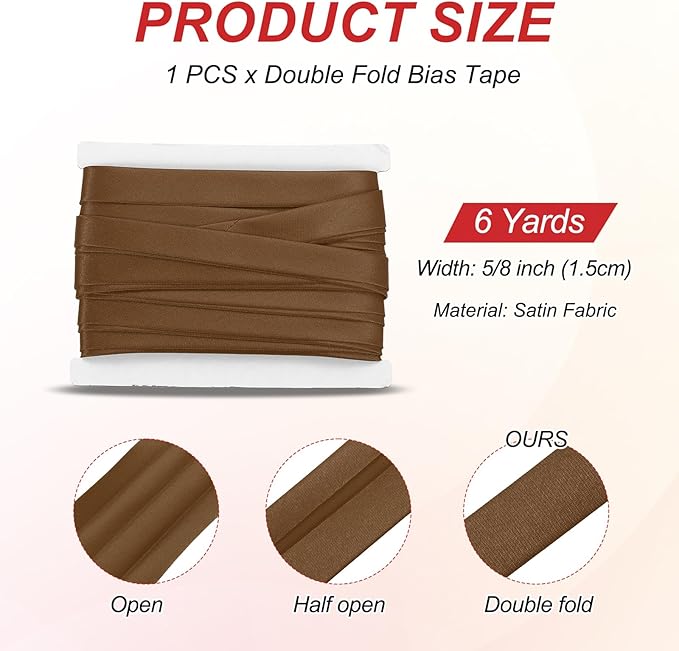 MECCANIXITY Double Fold Bias Tape for Sewing 5/8 Inch x 6 Yards Satin Pre-fold Continuous Binding Tape for Seaming Quilting Hemming Binding DIY Crafts, Coffee