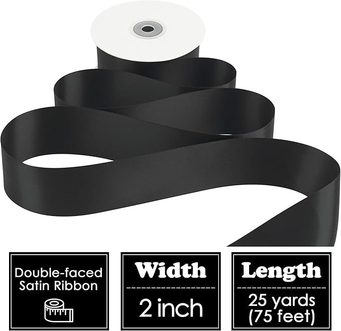 HUIHUANG Black Ribbon 2 inch Double Face Satin Ribbon Black Fabric Ribbon for Crafts, Gift Wrapping, Gift Basket Decor, Flower Bouquet Wrap, Wedding Bridal Shower Decor, Hair Bows -25 Yards/Roll
