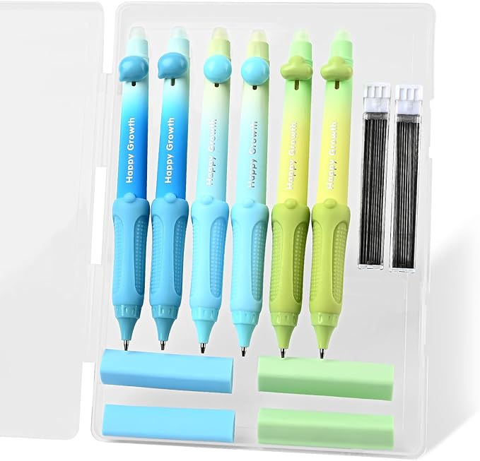 Temiary Cute Mechanical Pencil Set with Case, 6 Pcs Medium Point 0.9 mm Pencils with 2 Tubes HB Lead Refills, 4 Pcs Erasers for School Supplies Student Writing, Drafting Drawing Sketching (Morandi)