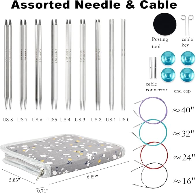 Svartur Lace Interchangeable Circular Knitting Needles, 5" Stainless Steel Interchangeable Knitting Needles Magic Loop for Socks, Gloves, US 0-8 Small Knitting Neeldes Lace-Tip with 4 Assorted Cables