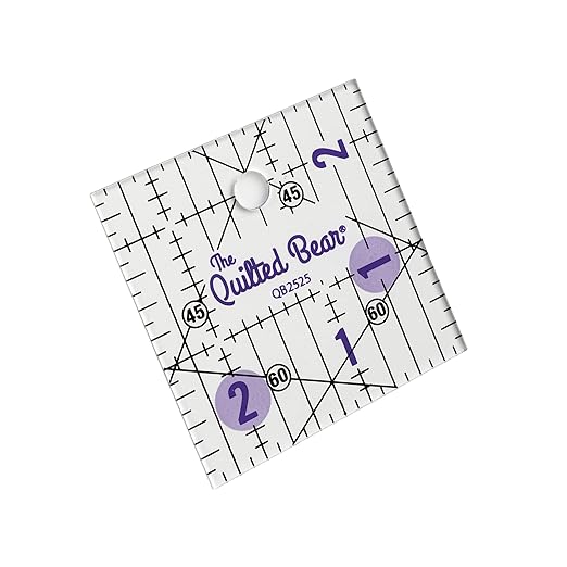 The Quilted Bear Quilting Rulers - Transparent Acrylic Non Slip Quilting, Patchwork & Sewing Ruler with Clear Black Lines & 30, 45 & 60 Degree Angles for Perfect Accuracy & Precision (2.5" x 2.5")