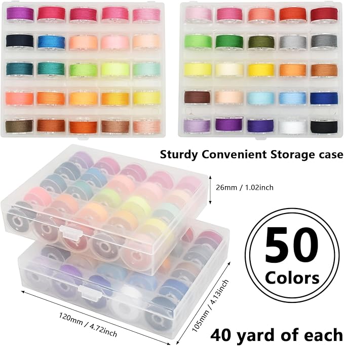 SHRJ 130pcs Sewing Thread kit, 50 Colors Sewing Machine Threads Prewound Bobbins with Bobbin Thread Buddies Storage Needles Assortment, 400 Yards per Spools Polyester Thread