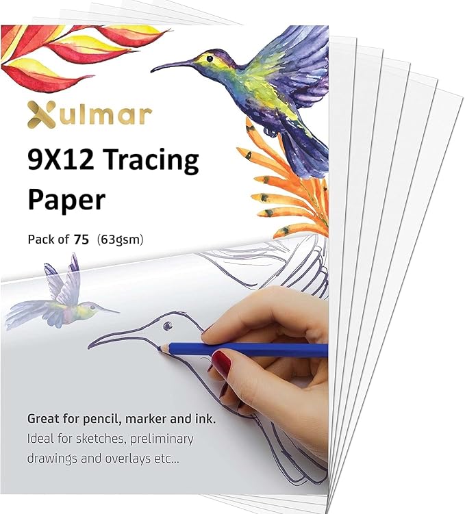 Xulmar 9x12 Tracing Paper 63 GSM - Pack of 75 Sheets Tracing Paper for Sewing Patterns, Drawing Overlays & Sketching on Art Paper & Sketch Book