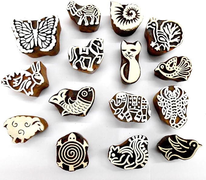 CraftsofIndia® Animals and Birds Wooden Blocks for Stamping, Block Printing on Textiles, Pottery Crafts,Henna, Scrapbooking, Wall Painting (Set of 15)