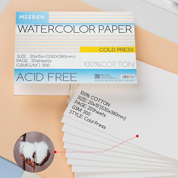 MEEDEN Watercolor Paper Block - 100% Cotton Watercolor Paper Pad of 20 Sheets, 140lb/300gsm, Acid-Free Art Paper for Watercolor, Gouache, Ink and More, 21" x 15" Cold Press