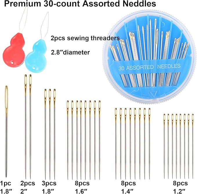 Eketirry 60pcs Premium Hand Sewing Needles，2 Pack 30-Count Assorted Needles for Sewing Repair, 6 Different Sizes Sewing Needles with 2 Threaders (Blue& Black,1)