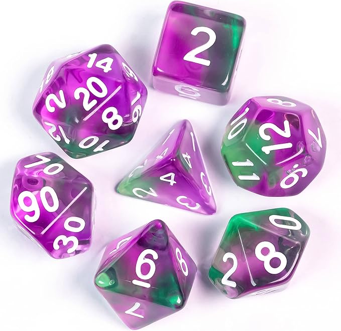 7-Die DND Dice Set Polyhedral Dice Set with a Leather Dice Bag, D&D Dice Set for Dungeons and Dragons, RPG, MTG Table Games (T/Purple Green)