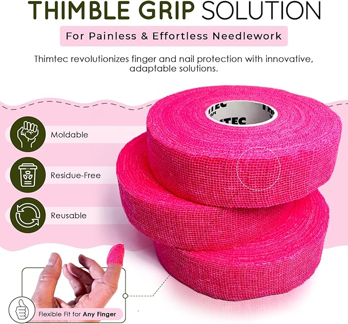 THIMTEC - The Original Thimble Tape for Hand Sewing - Fully Adjustable Nail & Finger Protector - A Smarter Alternative to Classic Knitting Thimbles - Neon Flamingo, 3-Pack
