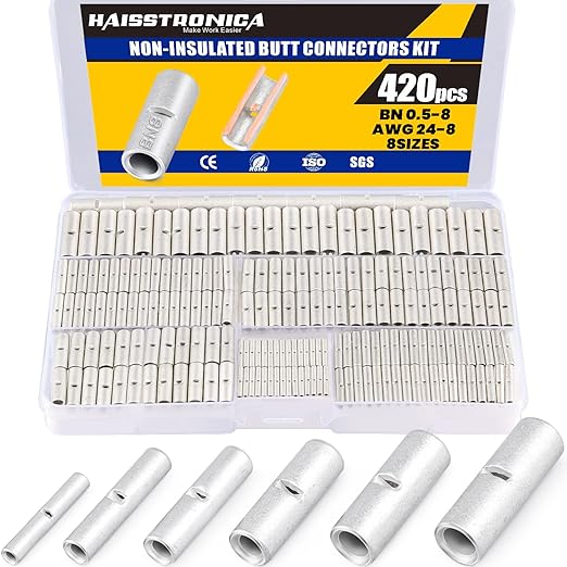 Haisstronica Non Insulated Butt Connectors Kit 420pcs Butt Connectors for Wiring Pure Copper AWG24-8 Wire Crimp Connector